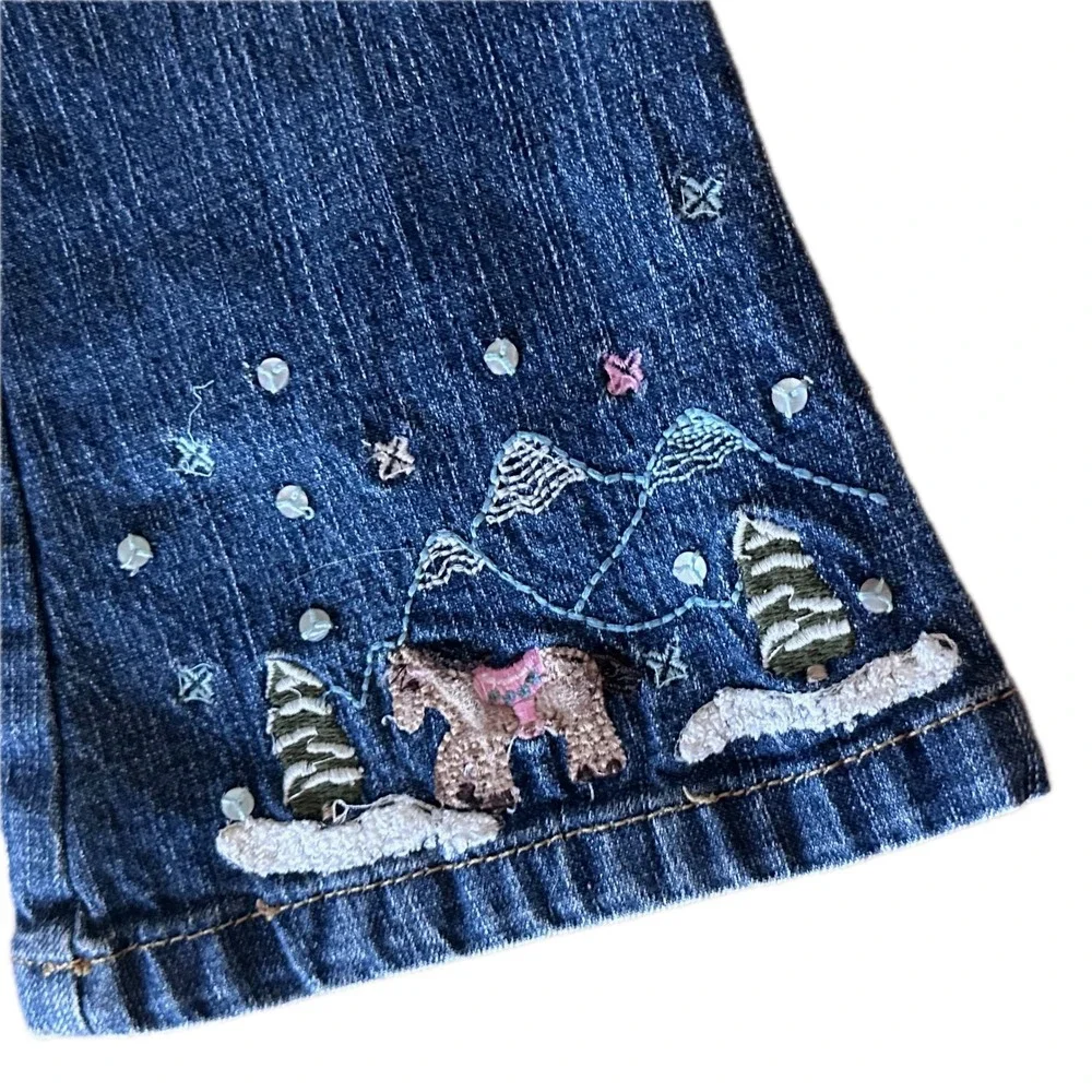 Gymboree Girls Size 3 Embroidered Horse Winter Cabin Sequin Flare Denim Jeans